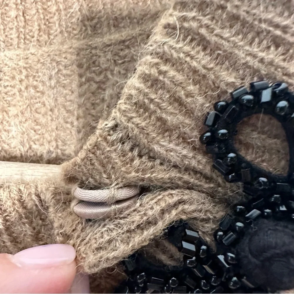 J. Crew | Alpaca Wool Camel Tan Ribbed Sweater with Beaded Frog Clasps Size XS